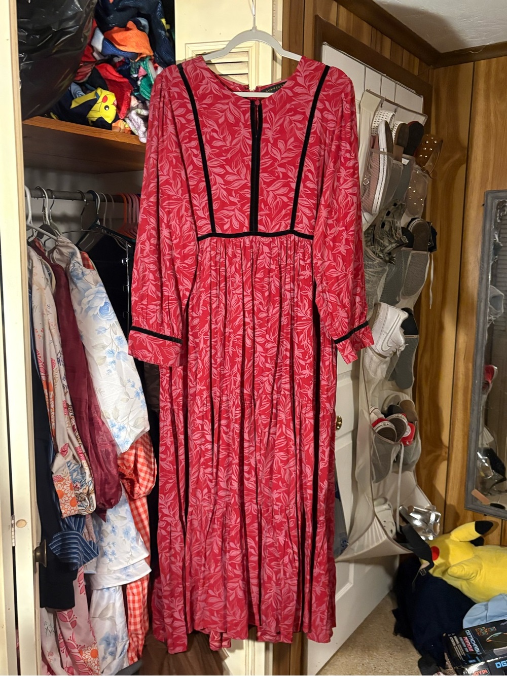 DownEast Red Floral Maxi Dress with Black Trim